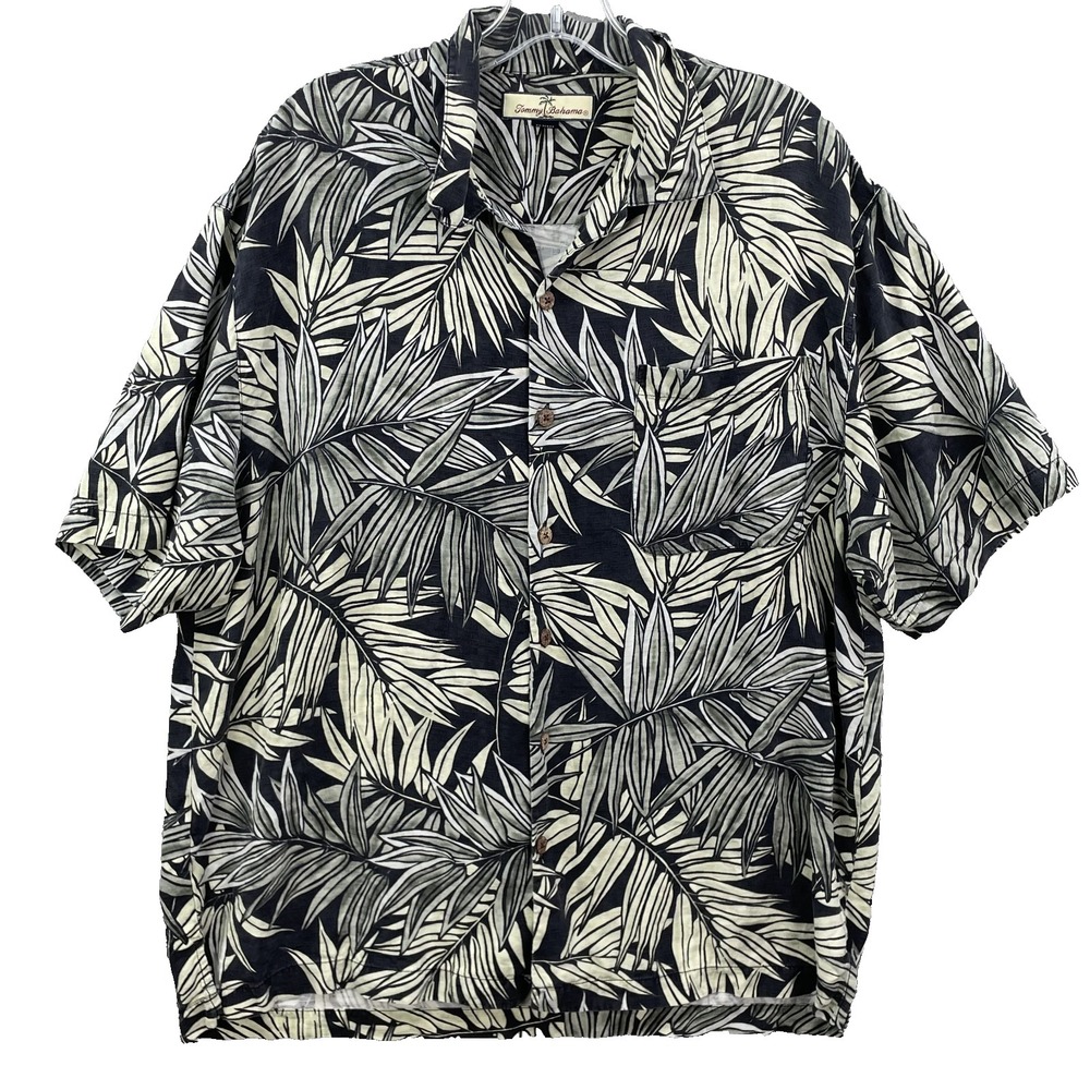 Vintage Tommy Bahama 100% Silk Hawaiian Shirt Men Large Palm Relaxed Coastal 90s